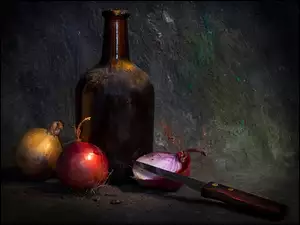 Cebula, Kompozycja, Nóż, Butelka