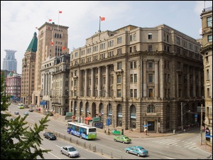Samochody, Ulica, Szanghaj, Chiny, Autobus, Miasto, Budynki