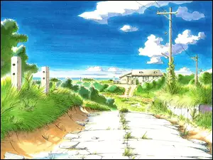 droga, Yokohama Kaidashi Kikou, słupy, dom, kablowe