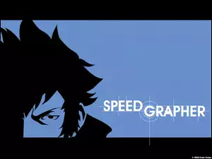 niebieskie tło, Speed Grapher, czarna postac
