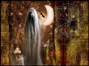 Świece, Księżyc, Duch, Halloween, Nietoperz, Pajęczyna, Nagrobek
