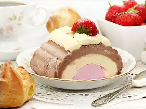 Deser, Lody, Talerz, Truskawka, Łyżeczka