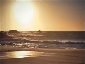 Plaża, Zachód Słońca, Morze, Fale
