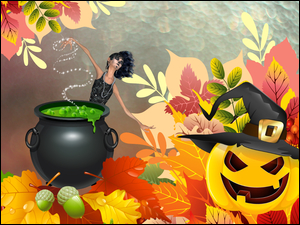 Liście, Halloween, Dynia, Grafika, Wiedźma, Jesień