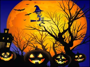 Grafika, Halloween, Księżyc, Wiedźma, Dynie