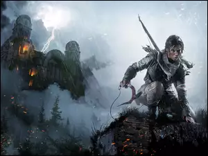 Wojowniczka i mroczny zamek podczas burzy scena z Tomb Raider