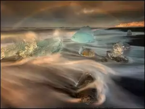 Tęcza, Islandia, Bryły, Morze, Lód