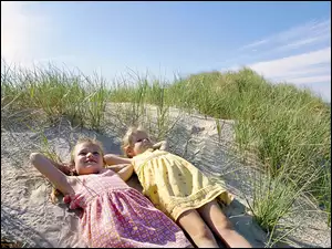 Plaża, Trawa, Dzieci, Lato