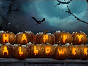 Napis, Drzewa, Halloween, Ptaki, Dynie, Noc