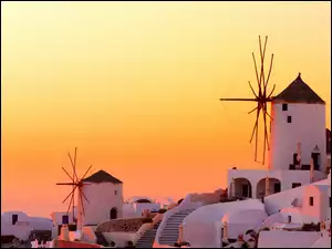 Santorini, Zachód, Wiatraki, Słońca, Domy, Grecja