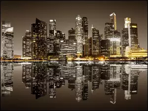 Chmur, Miasto, Singapur, Nocą, Drapacze, Odbicie