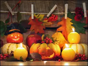Halloween, Kompozycja, Świece, Liście, Dynie, Jarzębina