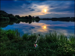 Drzewa, Wschód, Jezioro, Słońca, Wędka, Poranek