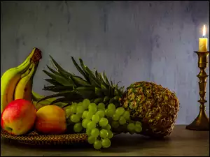 Świeca, Ananas, Jabłka, Winogrona, Banany