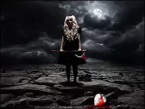 Mrok, Krew, Topór, kobieta, Chmury, Księżyc, Serce