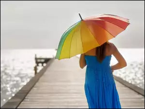 Morze, Kobieta, Parasol, Lato, Molo