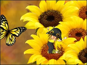 Słoneczniki, Grafika, Laleczka, Motyl
