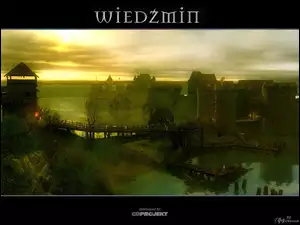 most, chmury, The Witcher, słońce, wioska, jezioro