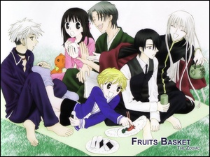 Fruits Basket, piknik, ludzie, koc
