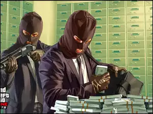 Postacie podczas napadu w grze komputerowej Gta5