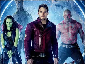 Zoe Saldana Chris Pratt Dave Bautista w amerykańskim fantastycznonaukowym filmie Strażnicy Galaktyki