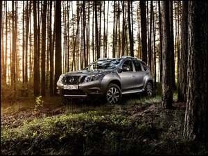 Samochód Nissan Terrano rocznik 2016 zaparkowany w lesie