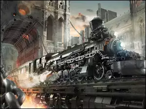 Lokomotywa i budynki w stylu Steampunk