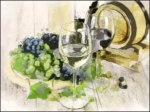 Kieliszki z winem obok winogron i beczki