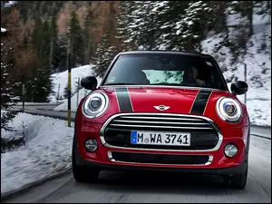 Czerwony Mini Cooper na leśnej drodze