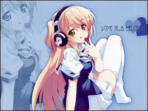 Słuchawki, Serca, Grafika 2D, Dziewczyna, Anime, Manga, Napisy