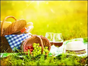 Wino, Koszyki, Kapelusze, Piknik, Słońce, Lato, Winogrona