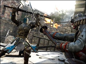 Samuraj i rycerz walczą w grze komputerowej For Honor