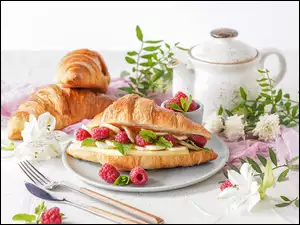 Maliny, Dzbanek, Owoce, Croissanty, Śniadanie