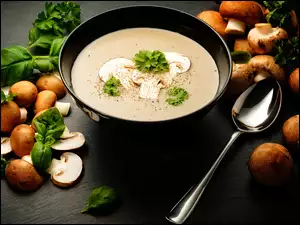 Łyżka, Zioła, Grzyby, Zupa grzybowa, Miska