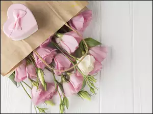 Deski, Eustoma, Serce, Pudełko, Prezent, Bukiet, Papierowa, Kwiaty, Torebka