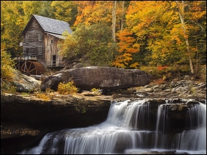 Stany Zjednoczone, Glade Creek Grist Mill, Wirginia Zachodnia, Skała, Park Babcock State, Most, Jesień, Młyn, Rzeka New River Gorge