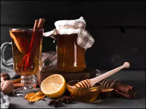 Herbata, Cytryna, Liście, Szklanka, Orzechy, Miód, Filiżanka