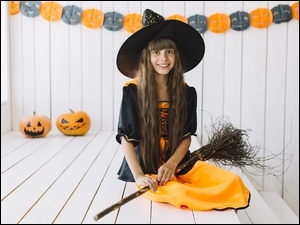Halloween, Dziewczynka, Dynie, Miotła