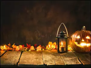 Świecąca, Dynia, Deski, Halloween, Liście, Świeczki, Lampion