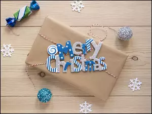 Napis, Merry Christmas, Boże Narodzenie, Prezent, Cukierek, Śnieżynki, Bombki