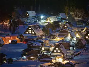 Oświetlone, Domy, Japonia, Zima, Honsiu, Prefektura Gifu, Wieś Shirakawa