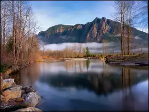 Stany Zjednoczone, Lazy River, Stan Waszyngton, Bezlistne, Drzewa, Góra, Mount Si, Rzeka, Jesień