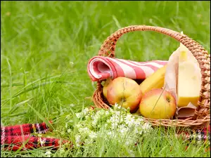Łąka, Koszyk, Ser, Trawa, Banan, Jabłka, Owoce