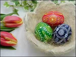 Kolorowe, Jajka, Koszyk, Wielkanoc, Pisanki, Tulipany