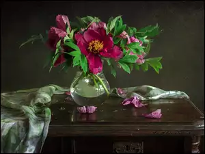 Serweta, Kwiaty, Piwonie, Stolik
