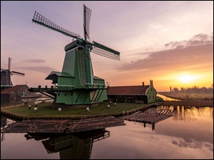 Wschód słońca, Świt, Holandia, Wiatraki, Zaandam, Zaanse Schans, Skansen