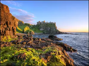 Morze, Kamienie, Rośliny, Irlandia Północna, Skały, Ruiny, Zamek Dunluce