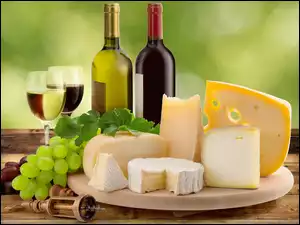 Wino, Kieliszki, Kompozycja, Butelki, Winogrona, Sery, Deska