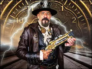 Ręce, Mężczyzna, Broda, Zegar, Pistolet, Błyskawica, Steampunk, Kapelusz
