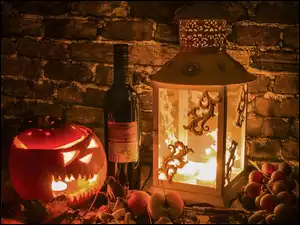 Halloween, Dynia, Lampion, Kompozycja, Wino, Butelka, Świeczka